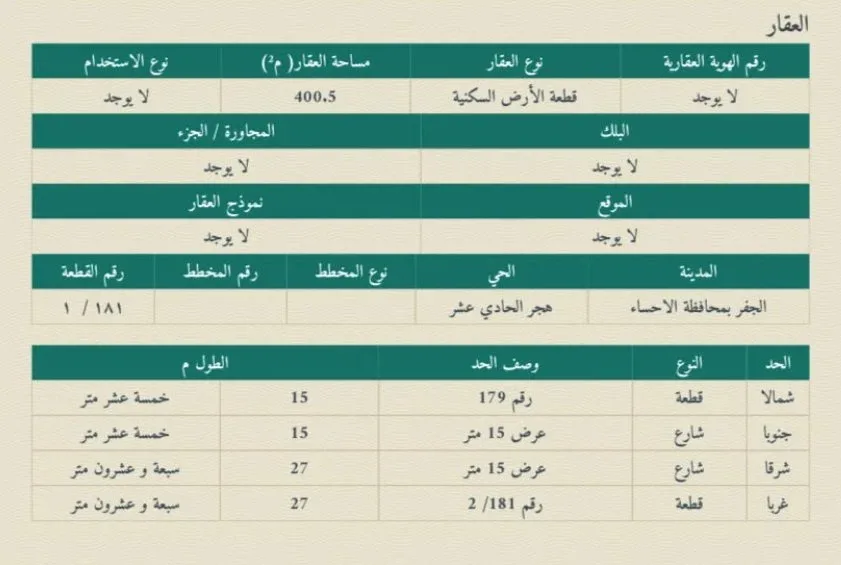 أرض سكنية للبيع في حي الحادي عشر بضاحية هجر | 400.5 م² | رقم الأرض 181-1، صورة إضافية