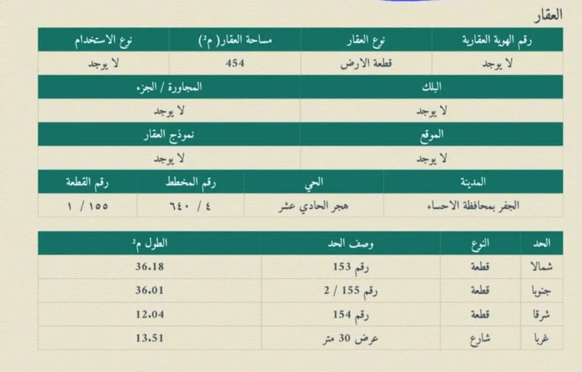 أرض سكنية للبيع في حي الثاني بضاحية هجر | 454 م² | رقم الأرض 155-1/أ، صورة إضافية