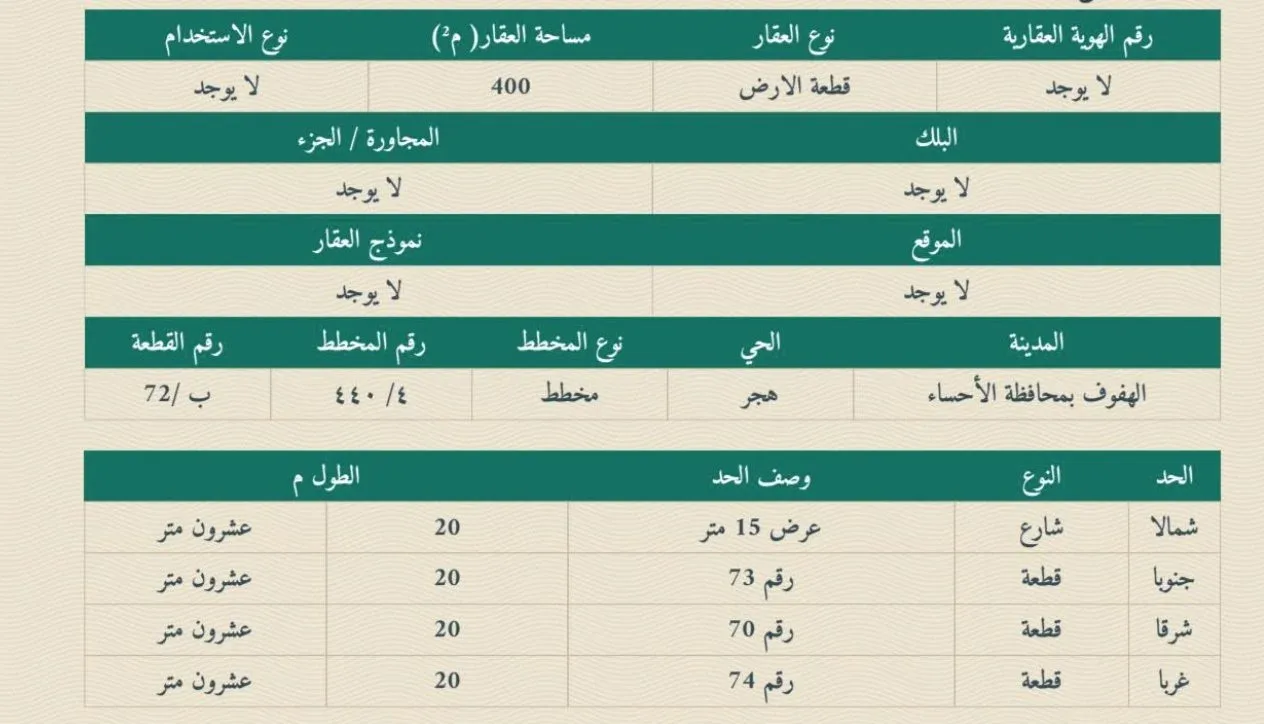 أرض سكنية للبيع في حي شرق الحديقة | 400 م² | رقم الأرض 72/ب، صورة إضافية