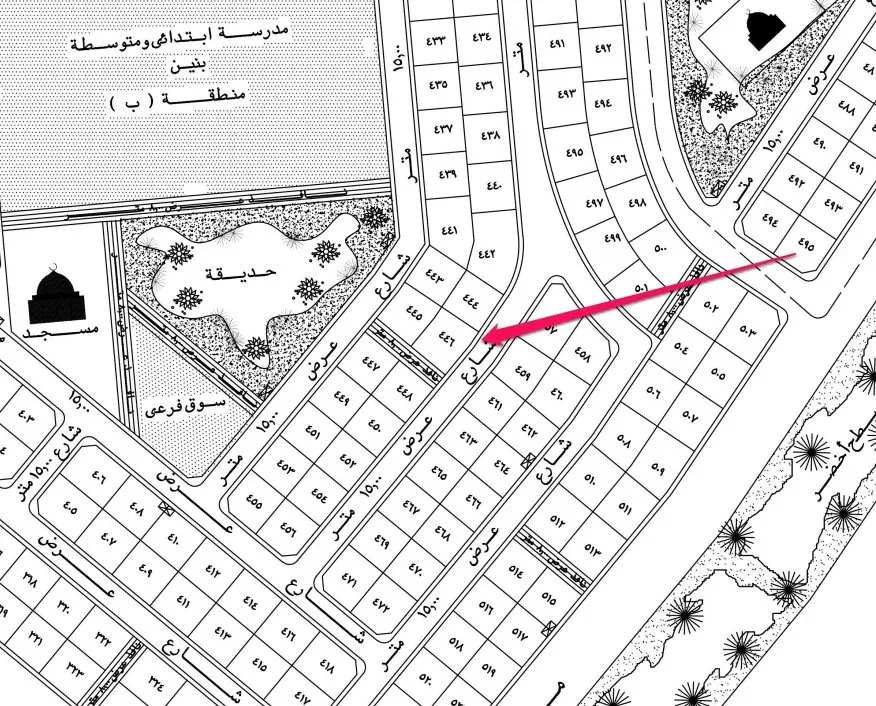 أرض سكنية للبيع في حي النخيل بالجشة (البريد) | 468.6 م² | رقم الأرض