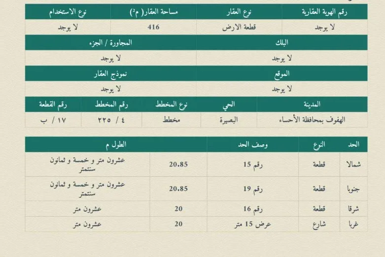 أرض سكنية للبيع في حي البصيرة | 416 م² | رقم الأرض 17/ب، صورة إضافية